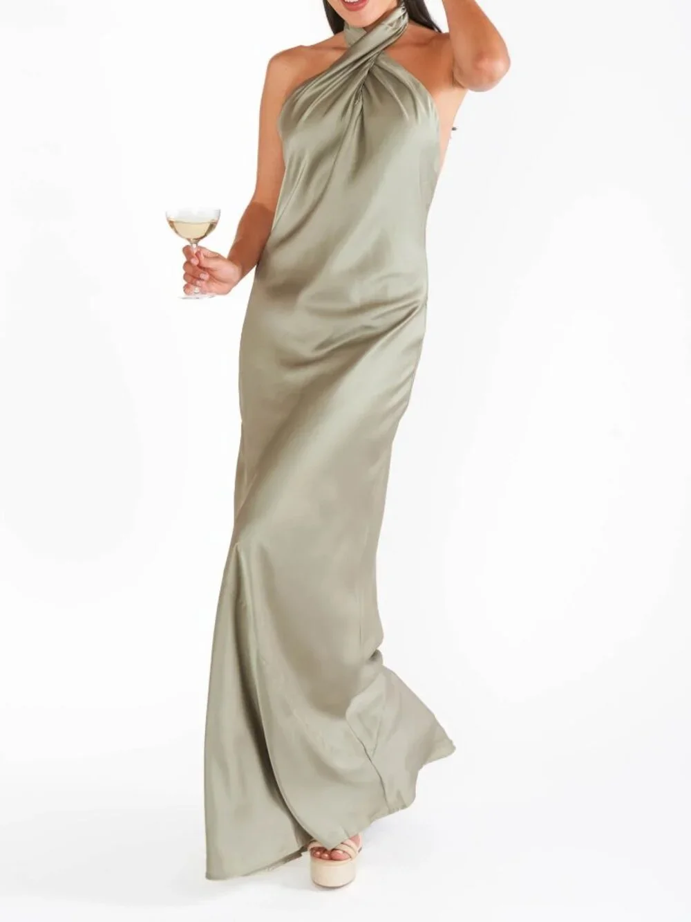 Show Me Your MuMu - Jasmine Halter Maxi Dress Moss Green Luxe Satin Women's - Picture 5 of 16